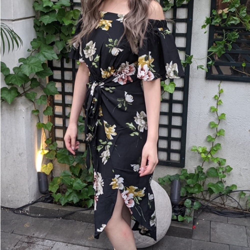 Black floral off the shoulder wrap dress